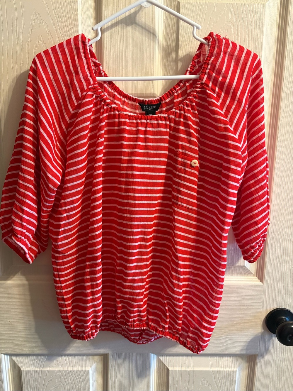 J. Crew Red and White Striped Peasant Top